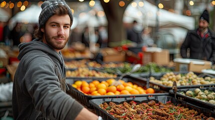 Young Man Shopping for Fresh Produce at Outdoor Market