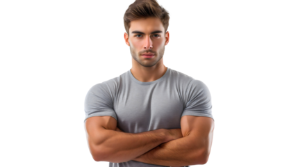 Portrait photography of a young man standing with his arms crossed, looking at the camera, isolated on transparent background, photogenic confident model posing