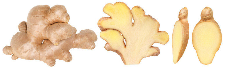 Fresh ginger rhizome, Half and slice isolated, transparent PNG, collection, PNG format, cut out, Close-up