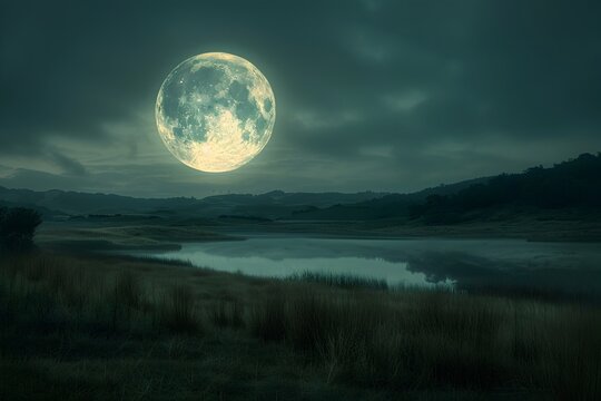 Dramatic Full Moon Rising Over Serene Landscape in Cinematic Documentary Style