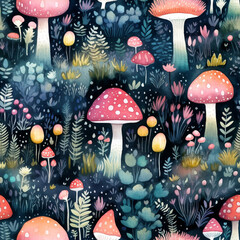 Seamless Watercolor Mushroom Pattern. Whimsical seamless pattern illustration featuring a variety of mushrooms in a dark watercolor forest floor. The design includes red-capped amanitas, chanterelles