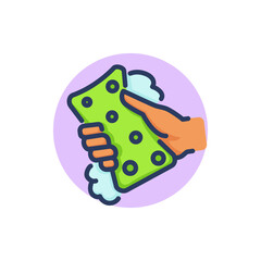 Hand holding sponge line icon. Wiping, washing, foam outline sign. Cleaner, household, domestic service concept. Vector illustration for web design and apps