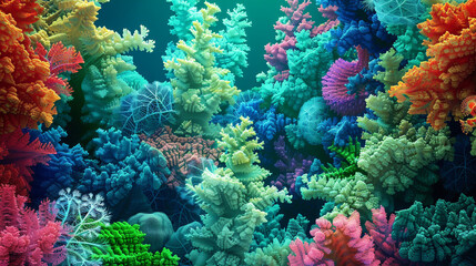 Fototapeta na wymiar Lush coral reef fractals in 3D blend sea greens and blues in an abstract sea.