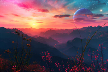 a distant exoplanet with alien flora, red spectrum - obrazy, fototapety, plakaty