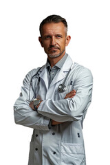 Portrait of a senior professional doctor 40s age wearing medical attire with closed arms stethoscope around his neck isolated on a white or transparent