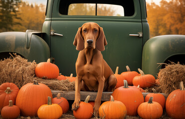 A red dog chills in the back of a pickup truck filled with pumpkins and fall foliage.