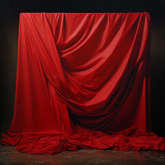 Red curtain draped over a mysterious box. A luxurious red silk curtain is draped elegantly over a wooden box on a black background. This image evokes a sense of anticipation and unveiling mystery