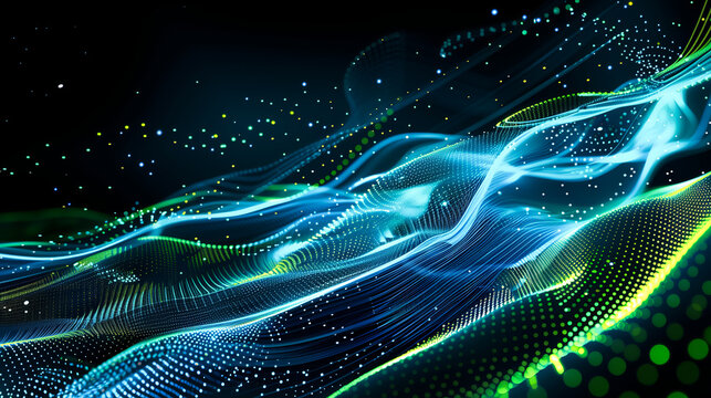 Abstract green and blue waves representing a flowing data stream.
