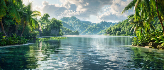 Serene Lake Surrounded by Dense Forest, Reflection of Misty Mountains, Tranquil Morning Scenery - obrazy, fototapety, plakaty