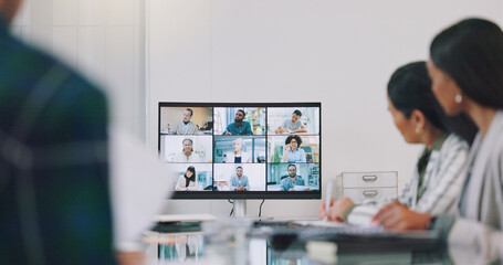 Naklejka premium Video conference, business people and meeting of team in boardroom of online presentation, plan discussion or workshop. Group, virtual communication or global webinar call on digital screen in office