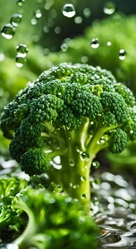 fresh green broccoli under a stream of fresh water with lots of waterdrops against a green blurred background, slow motion zoom, fresh vertical food video