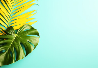 Colorful, delicate and minimalist background with monstera leaves. Free space for text