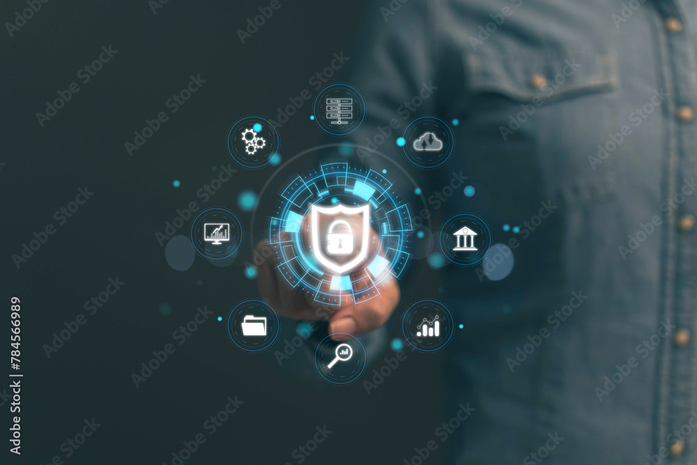 Poster lock icon and internet network security technology. cybersecurity and privacy concepts to protect da