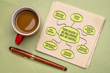 your health is an investment, not an expense, inspirational infographics, mind map sketch on. a napkin - 784566962