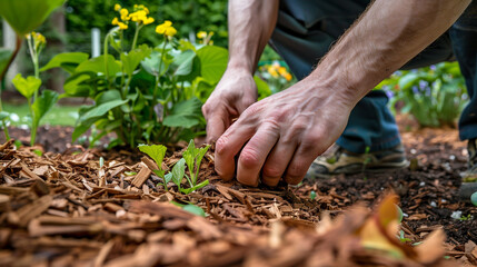 Mulching the garden with pine bark. Natural Fertilizer in horticulture. Organic ecological, biological agriculture. Men's hands in close-up on the background of mulch