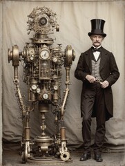 Vintage photo from the 19th century, an inventor next to his robot
