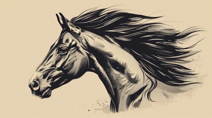 Powerful Mustang Horse with Flowing Mane in Monochrome Tattoo Style - obrazy, fototapety, plakaty
