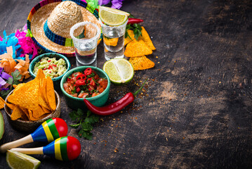 Traditional Mexican food nachos, salsa, guacamole, tequila.
