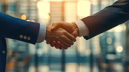 Handshake of two businessmen close-up against the background of panoramic office windows. AI generative.