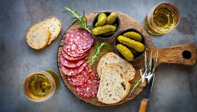 Elegant Ensemble: Charcuterie Board with Bread, Pickles, and Mustard