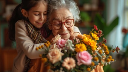 A young girl embraces her elderly grandmother, both smiling, with a colorful bouquet of flowers in focus