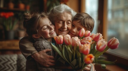 An elderly woman shares a joyful moment with a young girl and boy, all smiling with a bouquet of tulips
