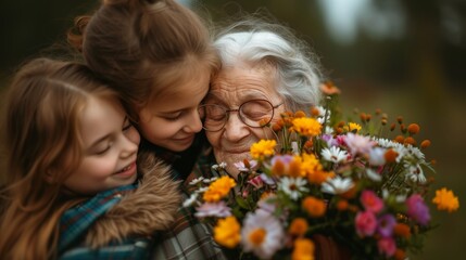 Elderly woman with closed eyes, savoring a tender moment with two young girls and a vibrant bouquet of wildflowers