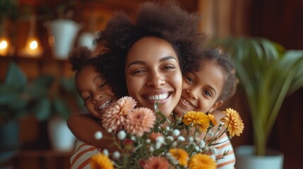 Close-up of a black mother with a bright smile, her daughters hugging her from behind, all sharing a moment with a bouquet of flowers