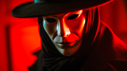 A man wearing a porcelain mask, dressed in black and wears a hat wih a red light in background. Conveys mystery and intrigue style.