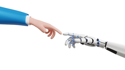 AI generation concept. Cyborg and human unity. Development of AI technologies and robotics. 3D human hand touching a robotic hand and connecting for better and powerful future
