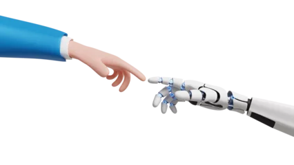 Fotobehang AI generation concept. Cyborg and human unity. Development of AI technologies and robotics. 3D human hand touching a robotic hand and connecting for better and powerful future © DETHAL