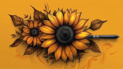 Vibrant Sunflower with Intricate Floral Patterns and Elements