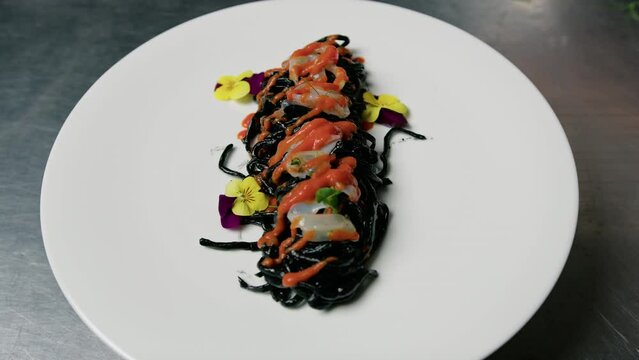 Black Squid Ink Spaghetti Pasta With Shrimps And Cherry Tomato Food