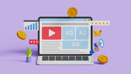 Online advertising on social media. PPC ad campaign. Targeted inbound ad. 3D digital marketing with programmatic social network advertising