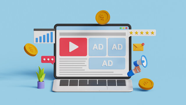 Online advertising, Social Media Campaign, Digital Marketing. Running PPC ad campaign on social media. Audience engagement. Social media sponsored post on a laptop