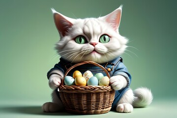 cute cat with Easter eggs in a basket, isolated on a green background