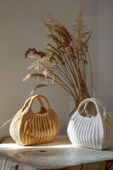 Modern woven handbags on a wooden table with dried grasses in a vase.