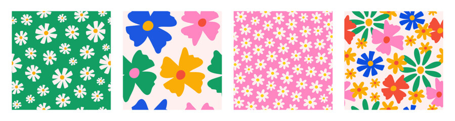 Seamless patterns with colorful groovy daisy flowers. Vector floral illustration.
