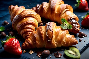 sweet pastries, croissants with strawberries and other fruits