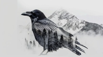 Majestic raven double exposure with misty mountains and forest