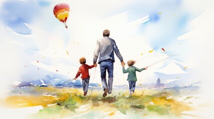 A man holds a kite and his two children walk next to him. The action takes place in a nature park with the sky overhead. Watercolor illustration - obrazy, fototapety, plakaty
