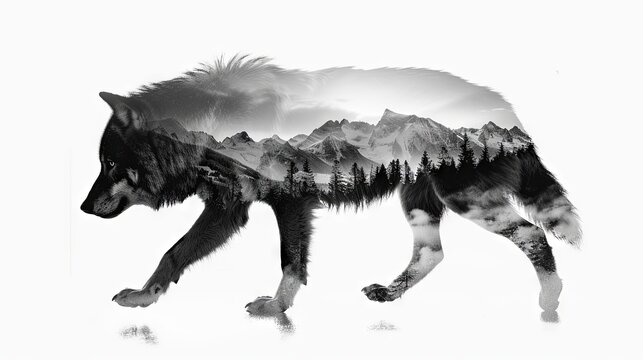 Majestic wolf silhouette with mountain landscape double exposure