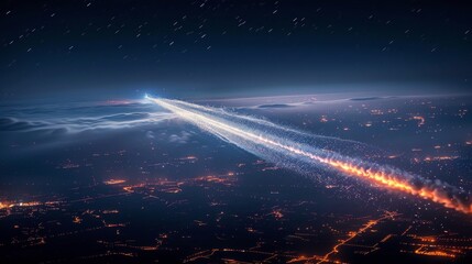 Airplane Flying Over City at Night