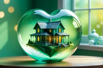 house in a glass heart, family happiness concept