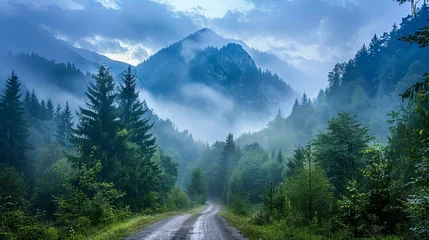 Foto op Plexiglas Misty mountain road surrounded by lush forest at dawn © volga