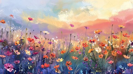 Colorful wildflower meadow at sunset with vibrant hues
