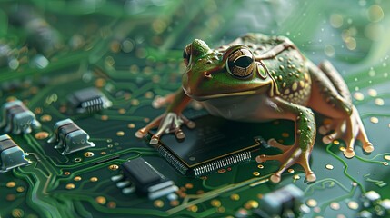 Green frog on a circuit board representing technology and nature - obrazy, fototapety, plakaty