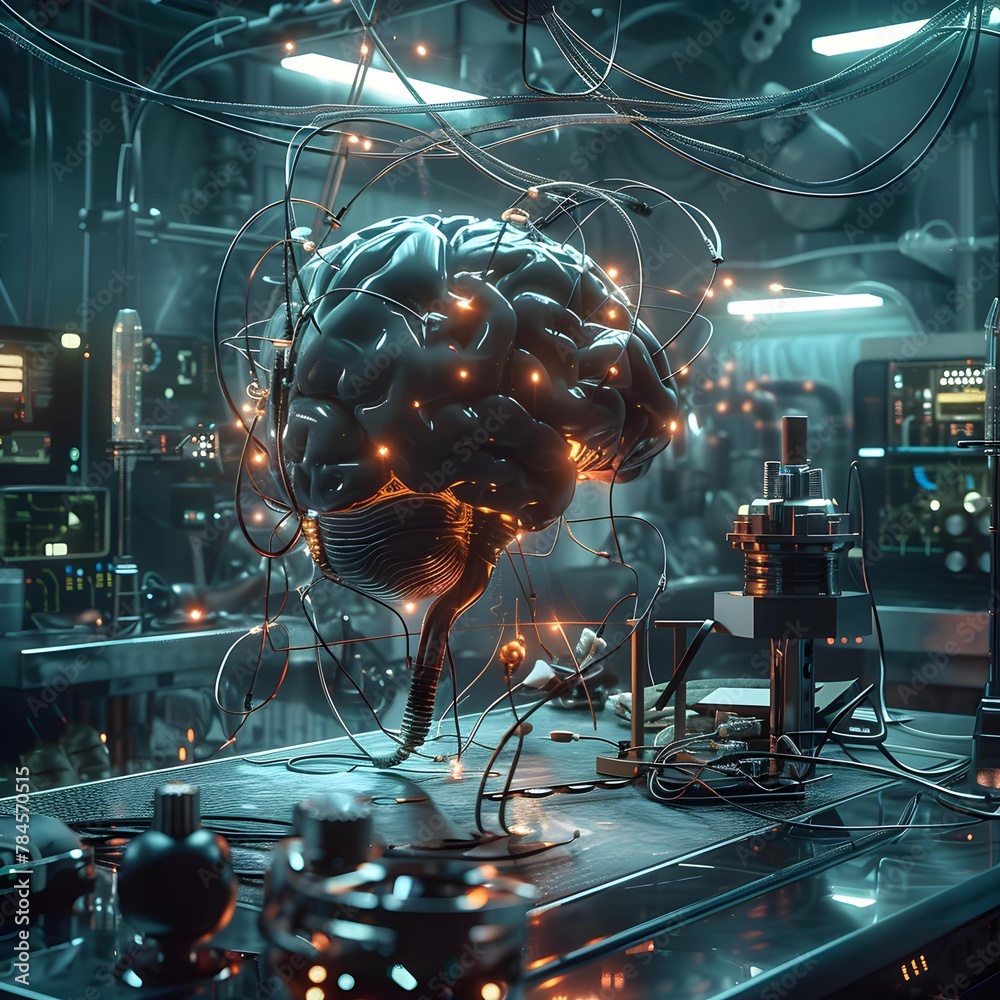 Aufkleber A high-tech laboratory with an advanced brain interface, showcasing a glowing brain model with neural connections and computing equipment.