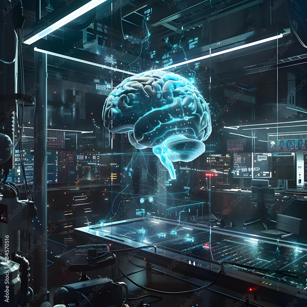 Poster A high-tech laboratory with an advanced brain interface, showcasing a glowing brain model with neural connections and computing equipment.