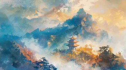Fototapeten Enchanted autumn mountain landscape with ethereal pagoda © volga
